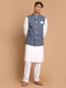 Vastramay Men's Grey Cotton Nehru Jacket  With White Cotton Pant